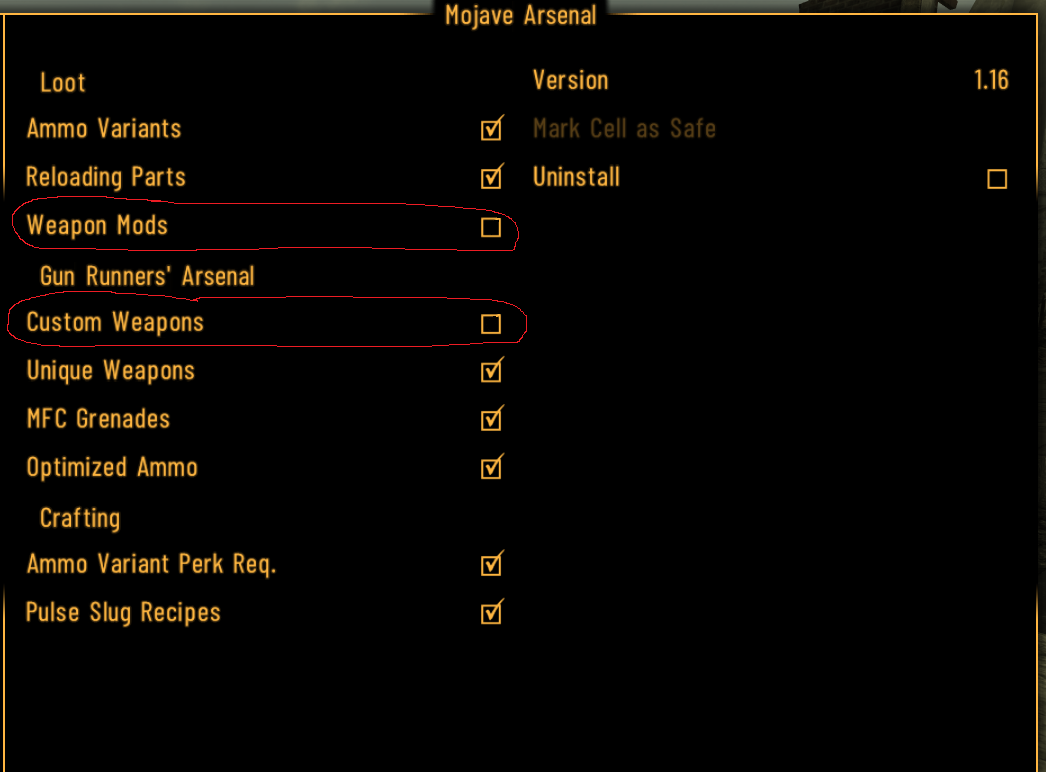 Uncheck Weapons Mods and Custom Weapons, check everything else